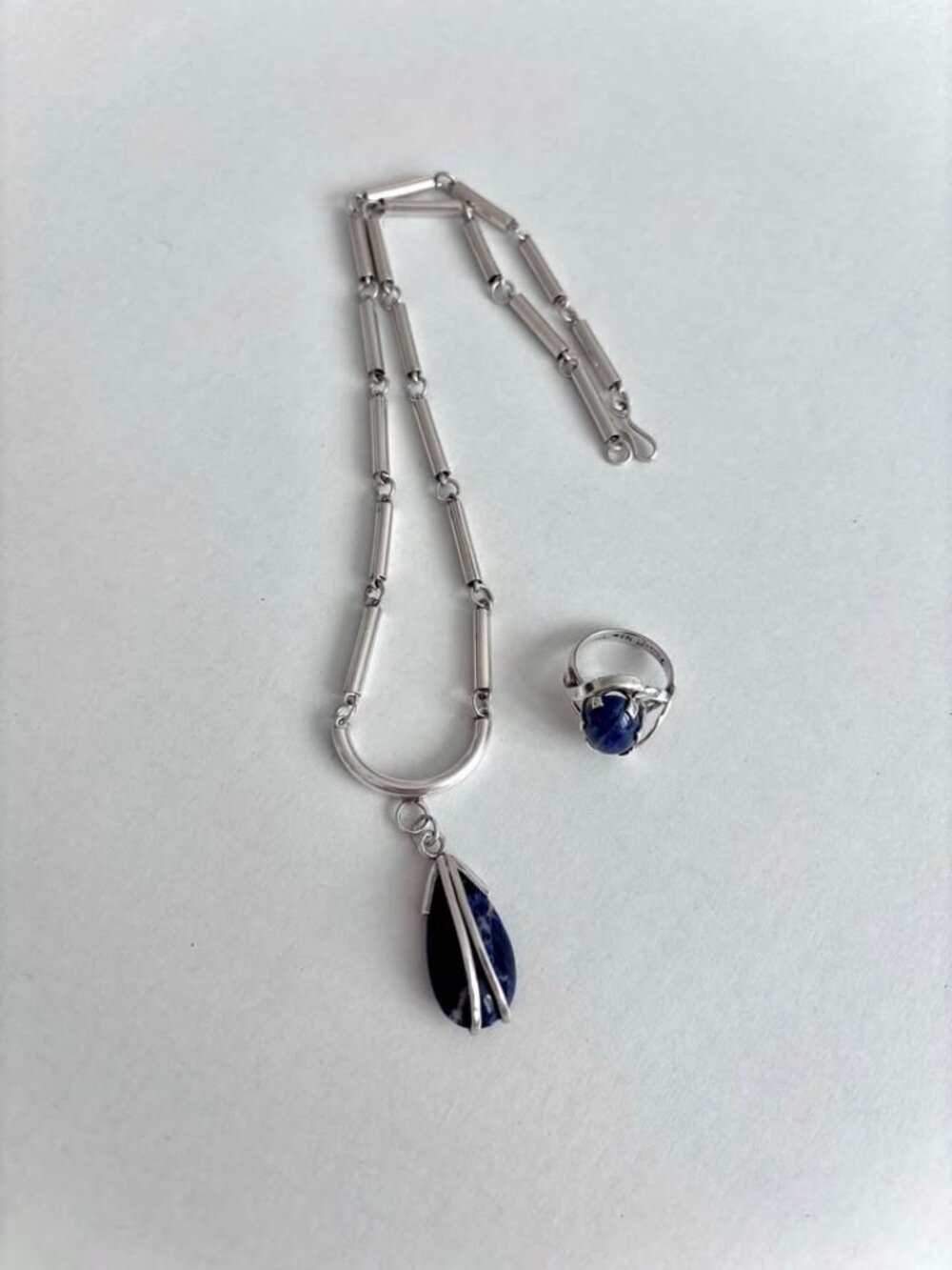 Vintage Sterling Silver Lapis Lazuli Ring & Necklace Set - 925 artisanal